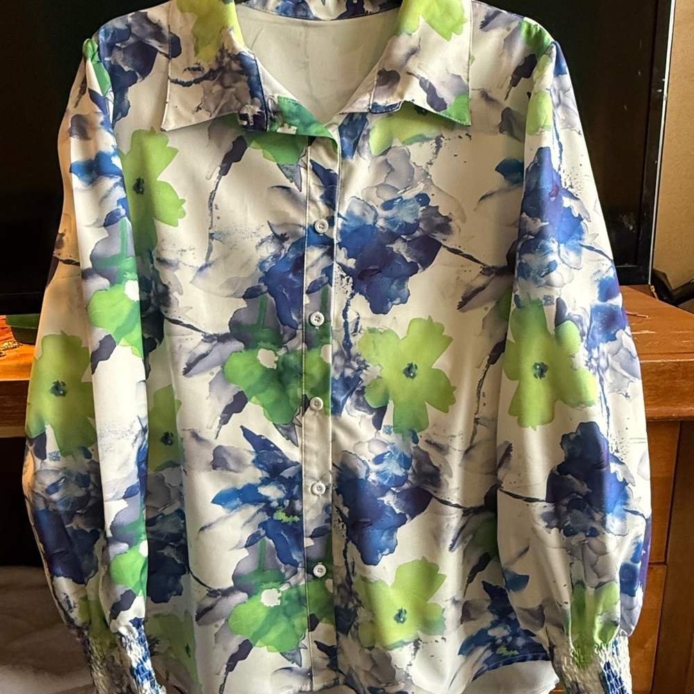 Floral Button-Up Shirt with Blue and Green Accents